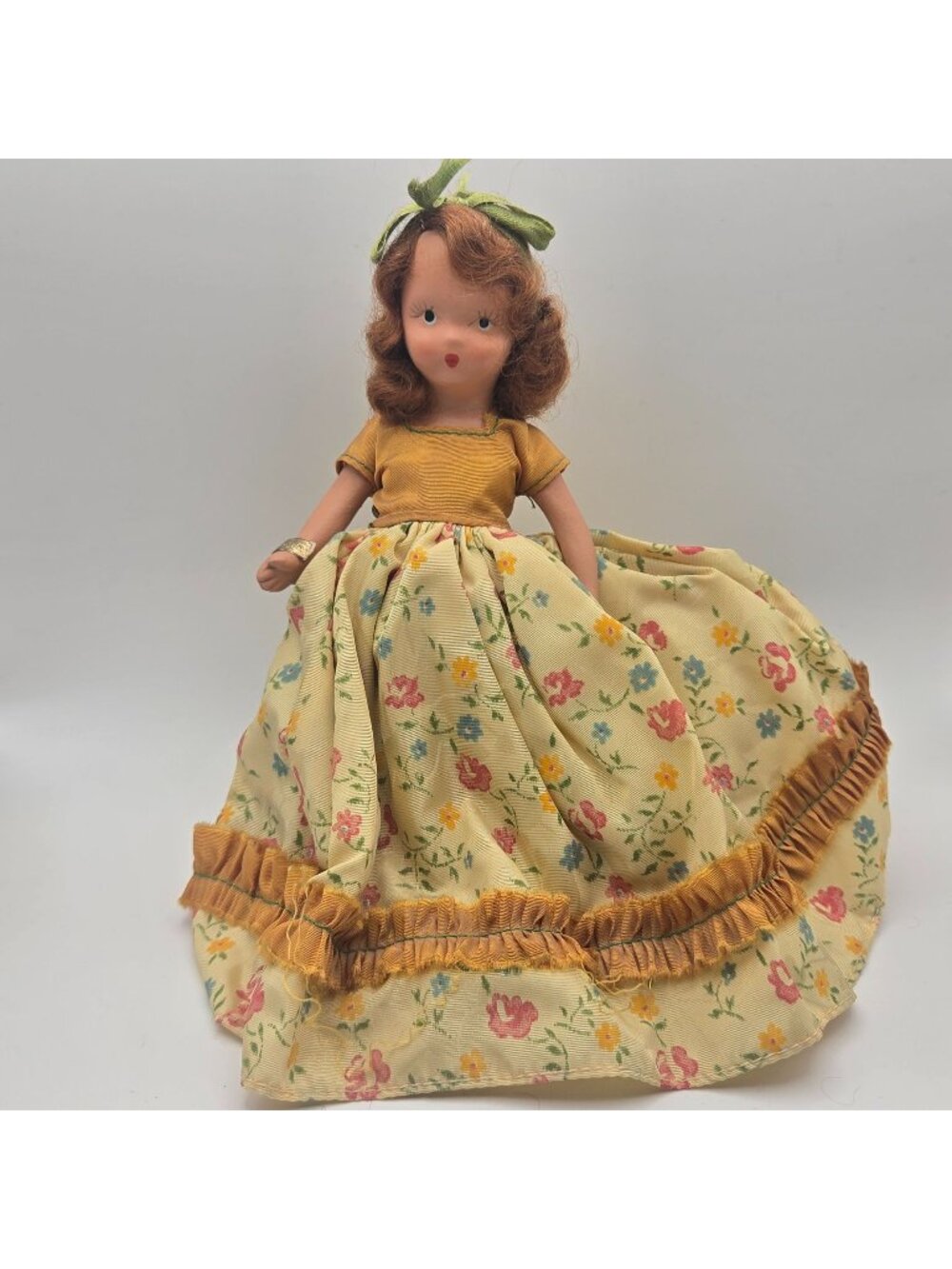 Antique Nancy Ann Story Book Doll Bisque With Stand Yellow Dress